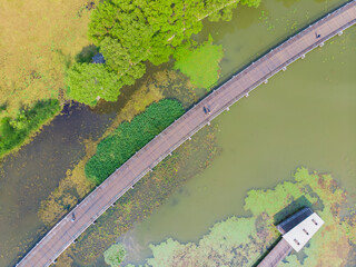 Aerial View above Moon Lake Park in spring, Wuhan, Hubei, China