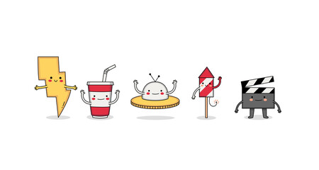 Cute random cartoon characters set 15 lightning, drinks, UFO, firework and film clipboard