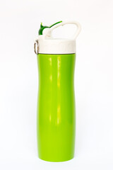 Green thermos travel tumbler isolated on white background.