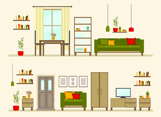 set of living room interior with furniture, TV, table, shelves with books and home flowers, floor lamp. flat cartoon vector illustration