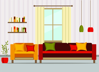 living room interior with furniture, table, shelves with books and home flowers, floor lamp. flat cartoon vector illustration
