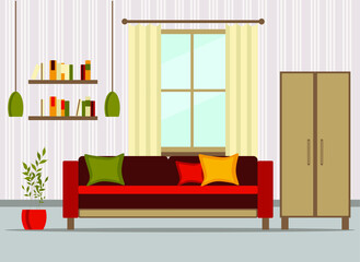 living room interior with furniture, table, shelves with books and home flowers, floor lamp. flat cartoon vector illustration