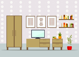 living room interior with furniture,  flat cartoon vector illustration