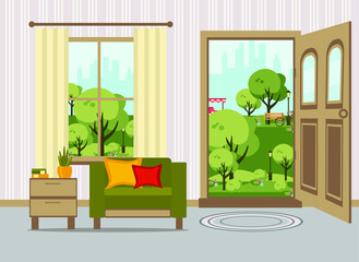 hall interior with doors and furniture, flat vector illustration
