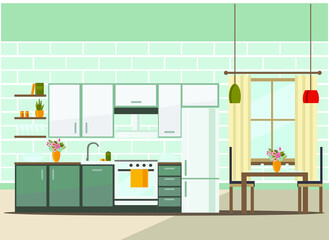 kitchen interior with furniture, flat vector illustration