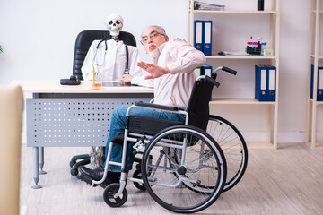 Old man in wheel-chair visiting dead doctor