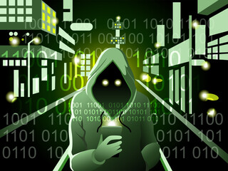 Hacker  in a hood  with mobile phone stealing data...The concept of a criminal.