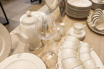 festive table setting. beautiful porcelain dishes on the table
