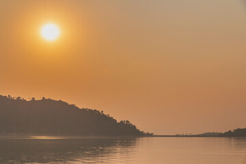 Silhouette Beautiful Sunset View Namngum Reservoir at Namngum Dam, Vientiane, LAOS.