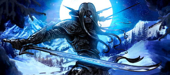 A handsome elf warrior with two curved blades stands against the backdrop of a huge winter moon, ready for battle, his eyes glowing with blue magical light. 2D illustration. - obrazy, fototapety, plakaty