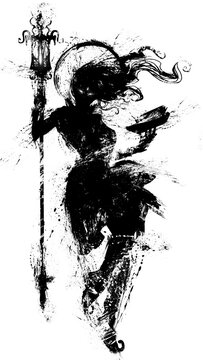 The black silhouette of a sinister female sorceress whipping in the air, holding a long staff and a magic book. 2D illustration.