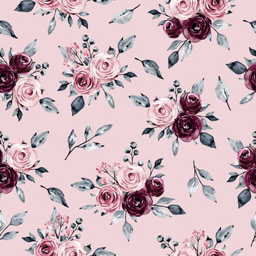 Seamless background, floral pattern with watercolor flowers pink and burgundy roses. Repeat fabric wallpaper print texture. Perfectly for wrapped paper, backdrop.