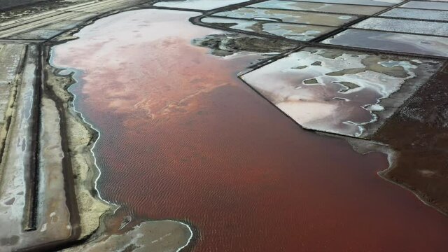 Aerial shot of the Pedra de Lume salt evaporation ponds, inside the crater of an extinct volcano.