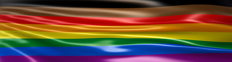 3D illustration of the Inclusive Rainbow Pride Flag rendered in large wide format