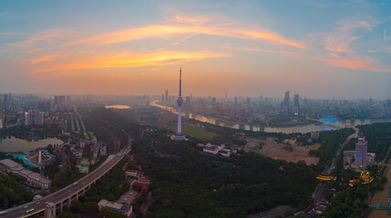 Naklejka premium Wuhan city sunset and night aerial photography scenery in summer