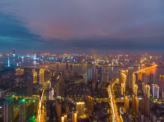 Wuhan city sunset and night aerial photography scenery in summer