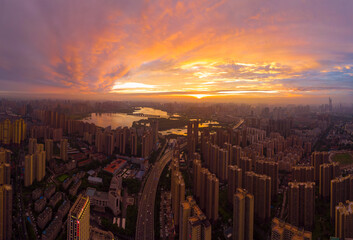 Naklejka premium Wuhan city sunset and night aerial photography scenery in summer