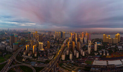 Plakat Wuhan city sunset and night aerial photography scenery in summer