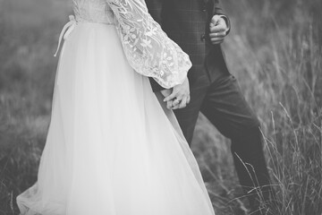 The bride and groom hold hands and walk on the grass. Wedding. Bride in an openwork dress. Black...