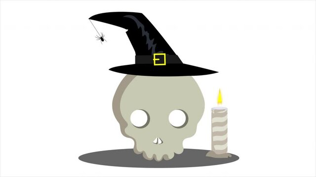 Skull in witch hat with candles, art video illustration.