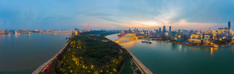 Wuhan city sunset and night aerial photography scenery in summer