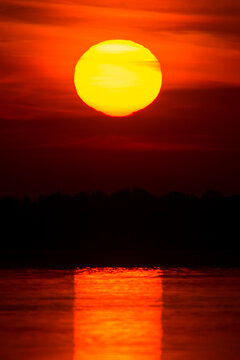 Sunrise at the river Drava in Croatia, warm red black and yellow dramatic colors of sunset landscape with huge sun, photo taken in peaceful early morning, burning fire sunrise sunset