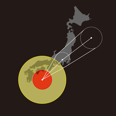 日本列島を直撃する進路をとる台風のベクターイラスト。黒背景。