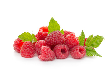  raspberries with leaf isolated on a white background