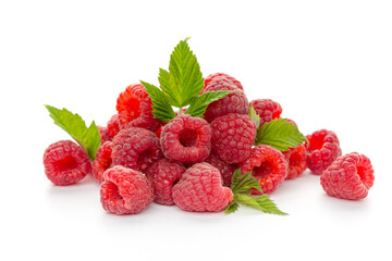 raspberries with leaf isolated on a white background