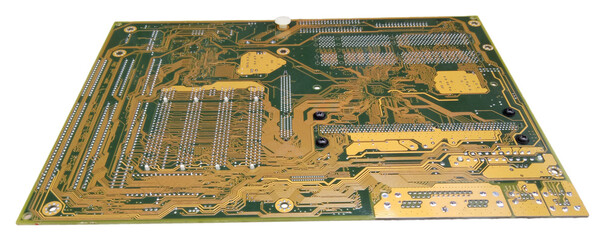 electronic printed circuit Board on the side of the conductive tracks on a white background