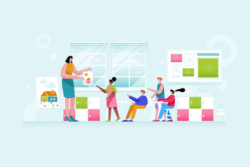 The teacher is giving a drawing lesson - Vector Illustration