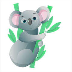 Cute gray koala sitting on a tree with leaves in cartoon style. Vector illustration isolated on white background