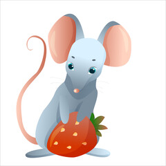 Cute gray mouse with big strawberry in cartoon style. Vector illustration isolated on white background