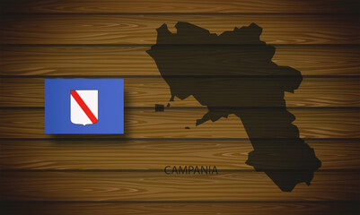 Map and flag of Campania, on a wooden background, region of Italy, 3D illustration