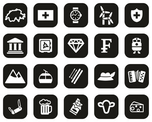 Switzerland Country & Culture Icons White On Black Flat Design Set Big