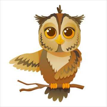 Cute brown owl sitting on a branch in cartoon style. Vector illustration isolated on white background