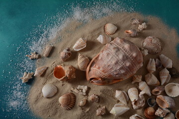 Sea shells on a sea wave color background with sand. Summer vacation concept.