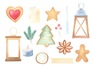 Fototapeta na wymiar Watercolor hand drawn christmas, new year clipart collection. Isolated winter decor elements. cookies, Christmas tree toy, lantern, greenery. Perfect for new year, Christmas design cards, banners. 
