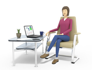 Businesswoman sitting in the armchair near the glass coffee table with a laptop. 3d illustration