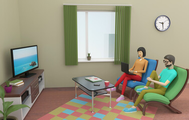 Man and a woman are sitting on the armchairs in front of tv set in the living room. 3d illustration