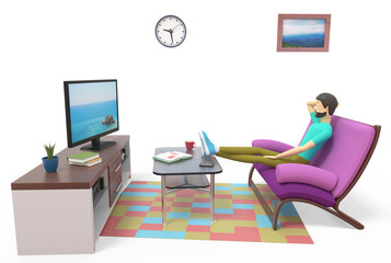 Man has a rest at home in a chair and watches television. White background. 3d illustration
