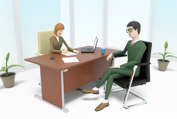 Man is having the interview to get a job in a company. 3d illustration