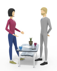 Two colleagues discussing issues during the coffee break. White background. 3d illustration