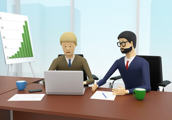 Two colleagues work in the office sitting at the desk. 3D illustration
