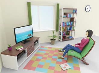 Woman has a rest at home in a chair and watches television. 3d illustration