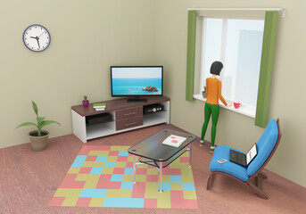 Woman is having a rest at home standing next to the window and looking outdoors. 3d illustration