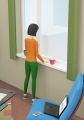 Woman is having a rest standing next to the window and looking outdoors. 3d illustration