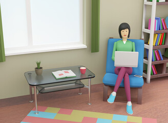 Woman is working with a laptop sitting in an armchair  at home during the quarantine. 3d illustration