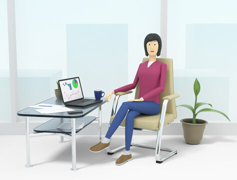Businesswoman sitting in the armchair near the glass coffee table with a laptop in her office. 3d illustration