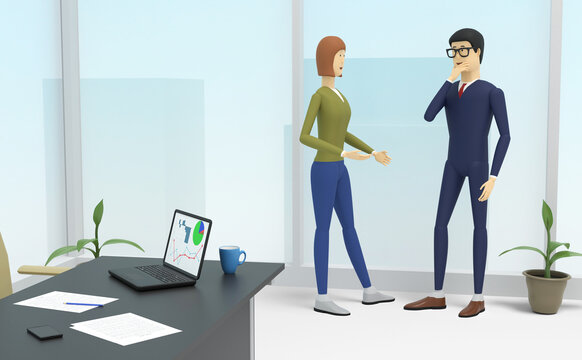 Two colleagues discussing issues in the office standing near the large window. 3d illustration